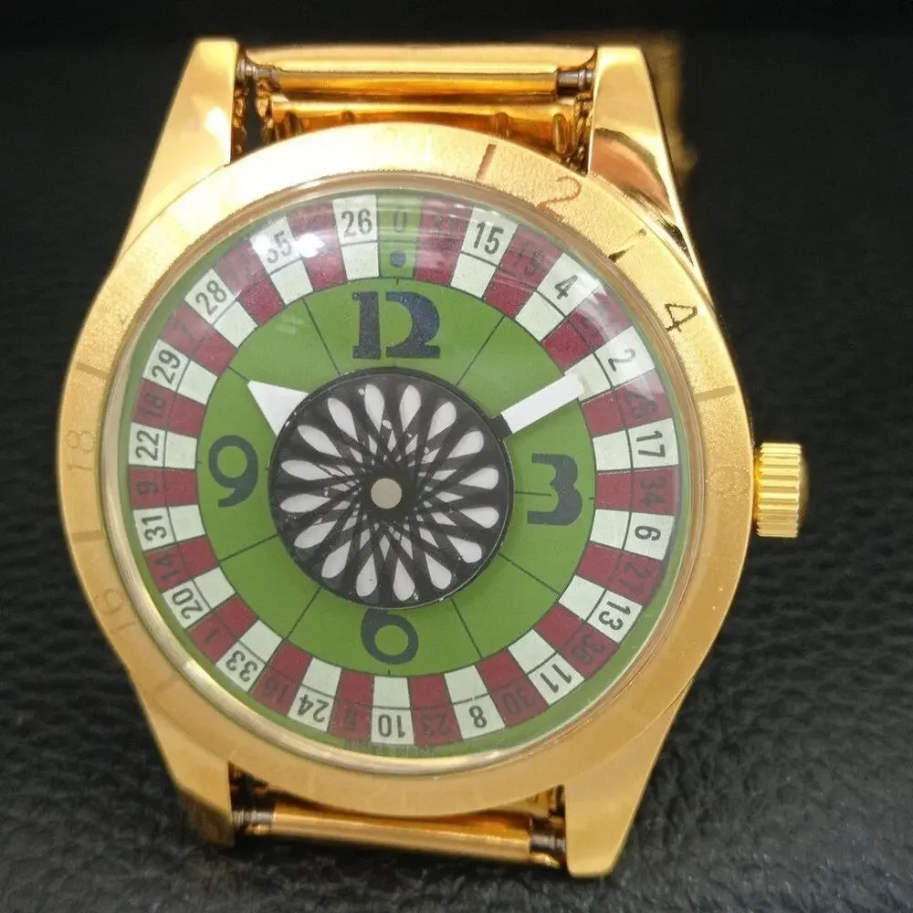 Vintage 1970 Roulette Manual Mens Gold Watch W/Steel Strap & Green accents